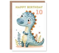 Artery8 10th Birthday Card Cute Blue Dinosaur Cartoon Drawing Fun Kids Age 10 Year Old Child For Son Daughter Girl Boy Happy Card