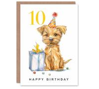 Artery8 10th Birthday Card Cute Terrier Dog Puppy Party Hat Kids Age 10 Year Old Child For Son Daughter Girl Boy Happy Card