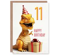 Artery8 11th Birthday Card Baby T-Rex Dinosaur Party Hat Kids Age 11 Year Old Child For Son Daughter Girl Boy Happy Card in White Artery8 White