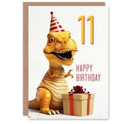 Artery8 11th Birthday Card Baby T-Rex Dinosaur Party Hat Kids Age 11 Year Old Child For Son Daughter Girl Boy Happy Card