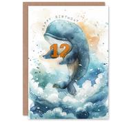 Artery8 12th Birthday Card Cute Whale Wave Jump Kids Age 12 Year Old Child For Son Daughter Girl Boy Happy Card in Blue Artery8 Blue