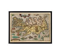 Artery8 1585 Iceland Pictorial Map With Sea Monsters Framed Canvas Wall Art Print | Size: W12" x H16" Artery8 Multicolor W12" x H16"