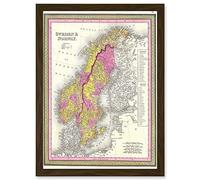 Artery8 1850 Mitchell Map Sweden And Norway Vintage A4 Artwork Framed Wall Art Print