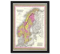 1850 Mitchell Map Sweden And Norway Vintage A4 Artwork Framed Wall Art Print Artery8 Black One Size