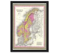 Artery8 1850 Mitchell Map Sweden & Norway Vintage A4 Artwork Framed Wall Art Print in Black Artery8 Black