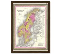 1850 Mitchell Map Sweden And Norway Vintage A4 Artwork Framed Wall Art Print Artery8 Brown One Size
