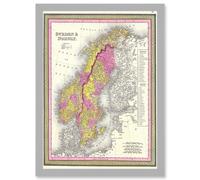 Artery8 1850 Mitchell Map Sweden & Norway Vintage A4 Artwork Framed Wall Art Print in Light Grey Artery8 Light Grey