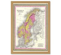 Artery8 1850 Mitchell Map Sweden & Norway Vintage A4 Artwork Framed Wall Art Print in Light Oak Artery8 Light Oak