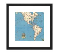Artery8 1950 New York Pictorial Map Shrinking Time Distance 8X8 Inch Square Wooden Framed Wall Art Print Picture with Mount in Black Artery8 Black