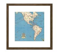 Artery8 1950 New York Pictorial Map Shrinking Time Distance 8X8 Inch Square Wooden Framed Wall Art Print Picture with Mount in Brown Artery8 Brown