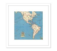 Artery8 1950 New York Pictorial Map Shrinking Time Distance 8X8 Inch Square Wooden Framed Wall Art Print Picture with Mount in White Artery8 White