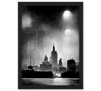 Artery8 1950s Black & White New York Rainy Mist Cityscape Artwork Framed Wall Art Print A4 Artery8 Black