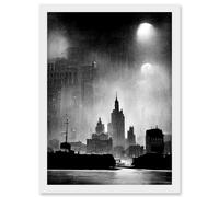 Artery8 1950s Black & White New York Rainy Mist Cityscape Artwork Framed Wall Art Print A4 Artery8 White