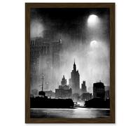 Artery8 1950s Black & White New York Rainy Mist Cityscape Artwork Framed Wall Art Print A4 in Brown Artery8 Brown