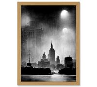 Artery8 1950s Black & White New York Rainy Mist Cityscape Artwork Framed Wall Art Print A4 in Light Oak Artery8 Light Oak