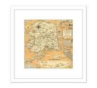 Artery8 1959 Ernest Dudley Chase A Pictorial Map Of Alaska 8X8 Inch Square Wooden Framed Wall Art Print Picture with Mount in White Artery8 White