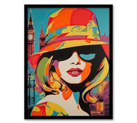 Wall Art Print 1960s London Chic Retro Neon Orange Blue Woman Portrait With Big Ben Vibrant Bold Bright Colourful Painting Art Framed Artery8 Multi A4