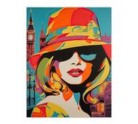 Wall Art Print 1960s London Chic Retro Neon Orange Blue Woman Portrait With Big Ben Vibrant Bold Bright Colourful Painting Poster Artery8 Multi W18 inch x H24 inch