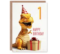 Artery8 1st Birthday Card Baby T-Rex Dinosaur Party Hat Kids Age 1 Year Old Child For Son Daughter Girl Boy Happy Card in White Artery8 White