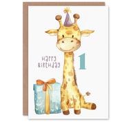 Artery8 1st Birthday Card Cute Baby Giraffe in Party Hat Cartoon Kids Age 1 Year Old Child For Son Daughter Girl Boy Happy Card