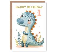 Artery8 1st Birthday Card Cute Blue Dinosaur Cartoon Drawing Fun Kids Age 1 Year Old Child For Son Daughter Girl Boy Happy Card