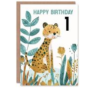 Artery8 1st Birthday Card Cute Cheetah Jungle Plants Fun Kids Age 1 Year Old Child For Son Daughter Girl Boy Happy Card