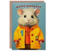 Artery8 1st Birthday Greeting Card Cute Mouse in Raincoat Kids Age 1 Year Old Child