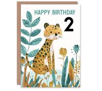 Artery8 2nd Birthday Card Cute Cheetah Jungle Plants Fun Kids Age 2 Year Old Child For Son Daughter Girl Boy Happy Card