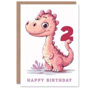 Artery8 2nd Birthday Card Cute Pink Baby Dinosaur Cartoon Kids Age 2 Year Old Child For Son Daughter Girl Boy Happy Card