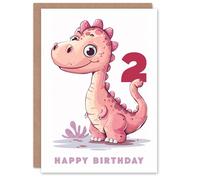 Artery8 2nd Birthday Card Cute Pink Baby Dinosaur Cartoon Kids Age 2 Year Old Child For Son Daughter Girl Boy Happy Card