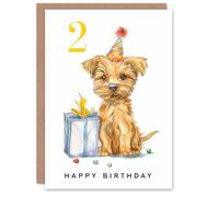 Artery8 2nd Birthday Card Cute Terrier Dog Puppy Party Hat Kids Age 2 Year Old Child For Son Daughter Girl Boy Happy Card