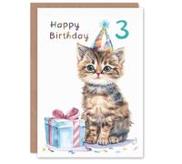 Artery8 3rd Birthday Card Cute Baby Cat Kitten Party Hat Kids Age 3 Year Old Child For Son Daughter Girl Boy Happy Card