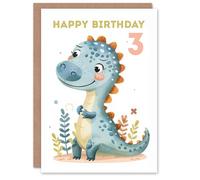 Artery8 3rd Birthday Card Cute Blue Dinosaur Cartoon Drawing Fun Kids Age 3 Year Old Child For Son Daughter Girl Boy Happy Card