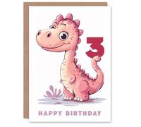 Artery8 3rd Birthday Card Cute Pink Baby Dinosaur Cartoon Kids Age 3 Year Old Child For Son Daughter Girl Boy Happy Card