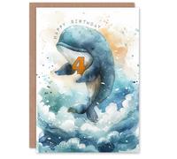 Artery8 4th Birthday Card Cute Whale Wave Jump Illustration Kids Age 4 Year Old Child For Son Daughter Girl Boy Happy Card
