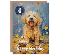 Artery8 4th Birthday Greeting Card Dog Lover Puppy Cake Kids Age 4 Year Old Child