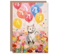 Artery8 4th Birthday Greeting Card Flowers Kitty Cat Balloons Kids Age 4 Year Old Child