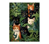 Artery8 Five Black Cats by Julia Davidson Wall Art Print : Quirky Cat Group in Green Botanicals for Living Room or Bedroom Playful Decor Gift for Feline Enthusiasts