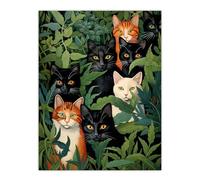 Artery8 5 Black Cats By Julia Davidson Quirky Black Ginger White Cat Group In Green Botanicals Unframed Wall Art Print Poster Home Decor Premium