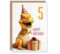 Artery8 5th Birthday Card Baby T-Rex Dinosaur Party Hat Kids Age 5 Year Old Child For Son Daughter Girl Boy Happy Card