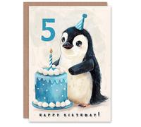 Artery8 5th Birthday Card Cute Baby Penguin Cake Cartoon Kids Age 5 Year Old Child For Son Daughter Girl Boy Happy Card