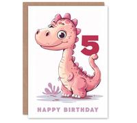 Artery8 5th Birthday Card Cute Pink Baby Dinosaur Cartoon Kids Age 5 Year Old Child For Son Daughter Girl Boy Happy Card