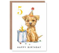 Artery8 5th Birthday Card Cute Terrier Dog Puppy Party Hat Kids Age 5 Year Old Child For Son Daughter Girl Boy Happy Card