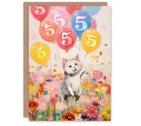 Artery8 5th Birthday Greeting Card Flowers Kitty Cat Balloons Kids Age 5 Year Old Child in Pink Artery8 Pink