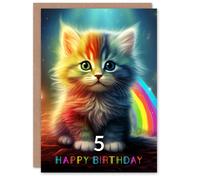 Artery8 5th Birthday Greeting Card Kids Cute Rainbow Kitten Age 5 Year Old Child in Blue Artery8 Blue
