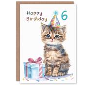 Artery8 6th Birthday Card Cute Baby Cat Kitten Party Hat Kids Age 6 Year Old Child For Son Daughter Girl Boy Happy Card