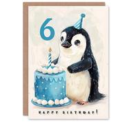 Artery8 6th Birthday Card Cute Baby Penguin Cake Cartoon Kids Age 6 Year Old Child For Son Daughter Girl Boy Happy Card
