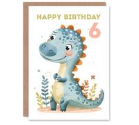 Artery8 6th Birthday Card Cute Blue Dinosaur Cartoon Drawing Fun Kids Age 6 Year Old Child For Son Daughter Girl Boy Happy Card