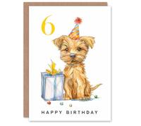 Artery8 6th Birthday Card Cute Terrier Dog Puppy Party Hat Kids Age 6 Year Old Child For Son Daughter Girl Boy Happy Card
