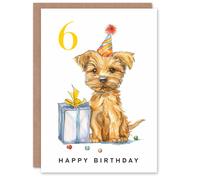 Artery8 6th Birthday Card Cute Terrier Dog Puppy Party Hat Kids Age 6 Year Old Child For Son Daughter Girl Boy Happy Card
